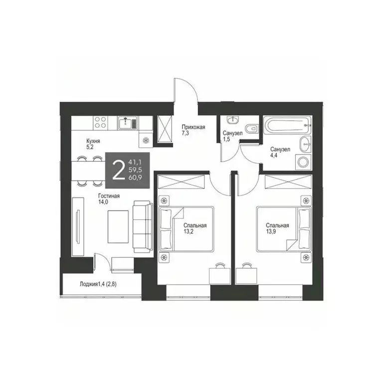 2-к кв. Татарстан, Альметьевск ул. Гафиатуллина, 60 (60.9 м) - Фото 0