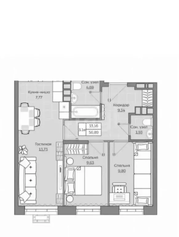 3-комнатная квартира: Казань, улица Ярышлар, 8 (57.2 м) - Фото 1