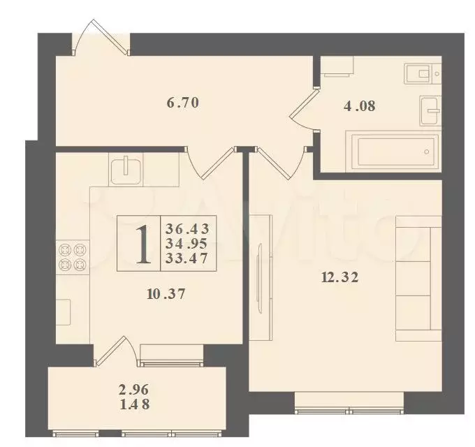 1-к. квартира, 36,4 м, 1/4 эт. - Фото 1
