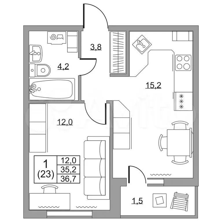 1-к. квартира, 36,7 м, 4/8 эт. - Фото 1