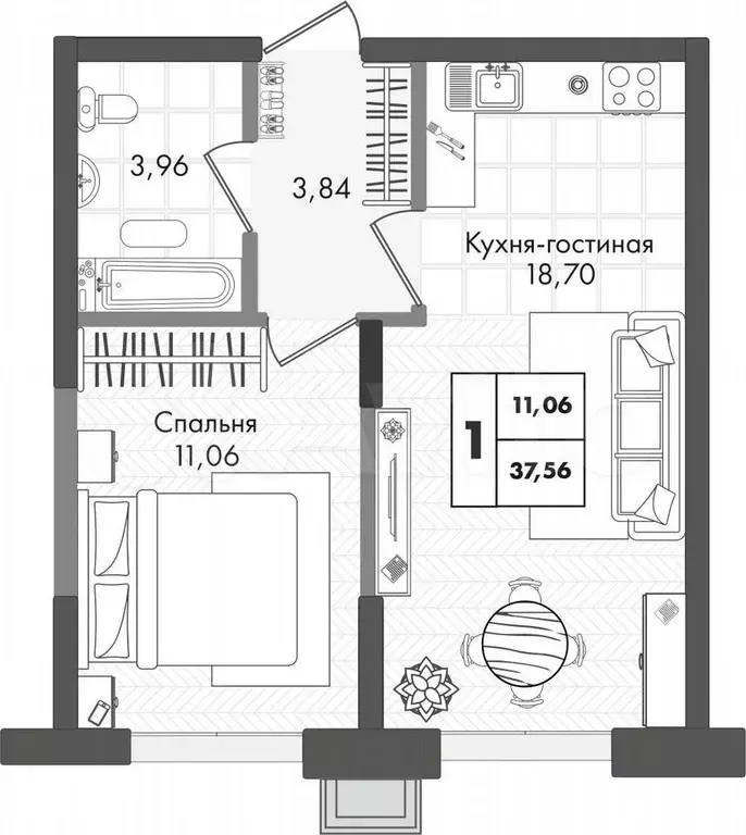 1-к. квартира, 37,6 м, 5/9 эт. - Фото 0