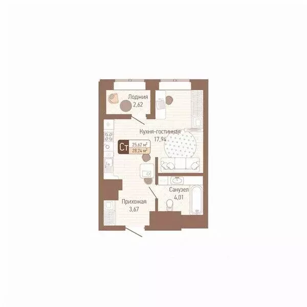 1-к кв. Тульская область, Тула Кулик жилой комплекс (26.93 м) - Фото 0