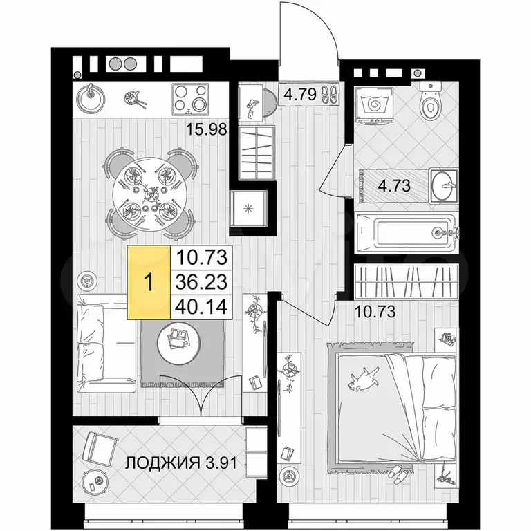 1-к. квартира, 40,1 м, 2/7 эт. - Фото 0