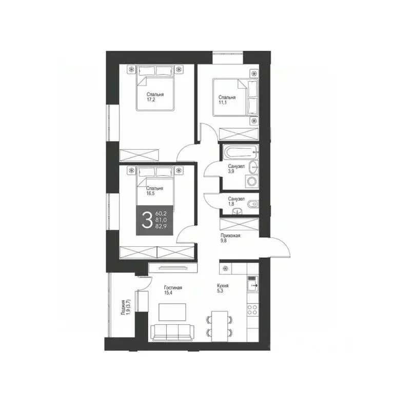 3-к кв. Татарстан, Альметьевск ул. Гафиатуллина, 60 (82.9 м) - Фото 0