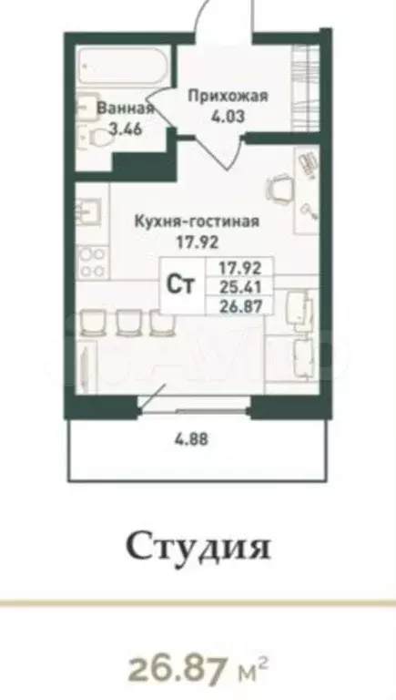 Квартира-студия, 27 м, 16/16 эт. - Фото 1