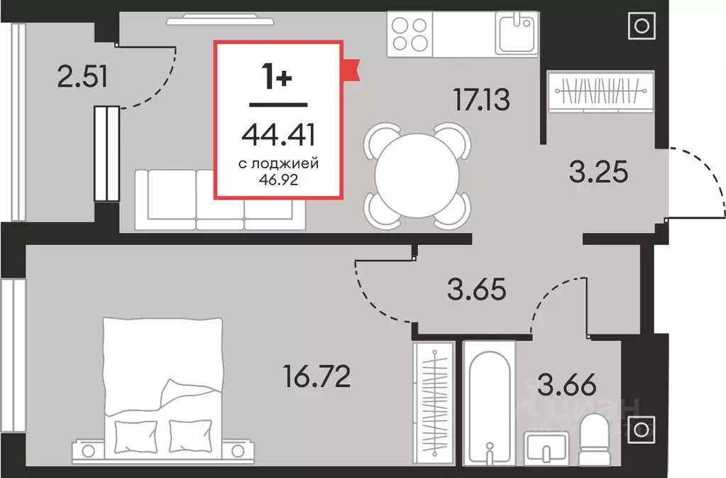 1-к кв. Ханты-Мансийский АО, Нефтеюганск ул. Нефтяников, 48А (44.41 м) - Фото 1