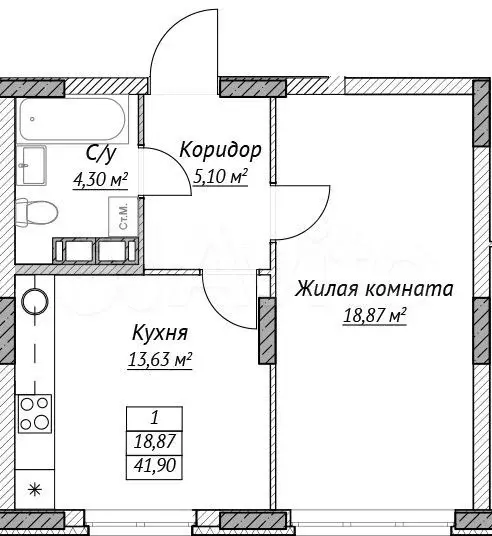 1-к. квартира, 41,9 м, 13/14 эт. - Фото 0