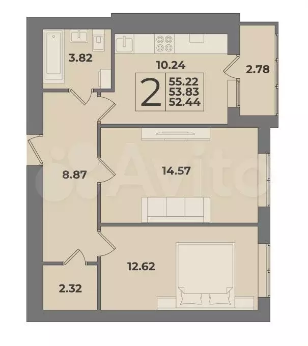 2-к. квартира, 53,8 м, 8/9 эт. - Фото 1