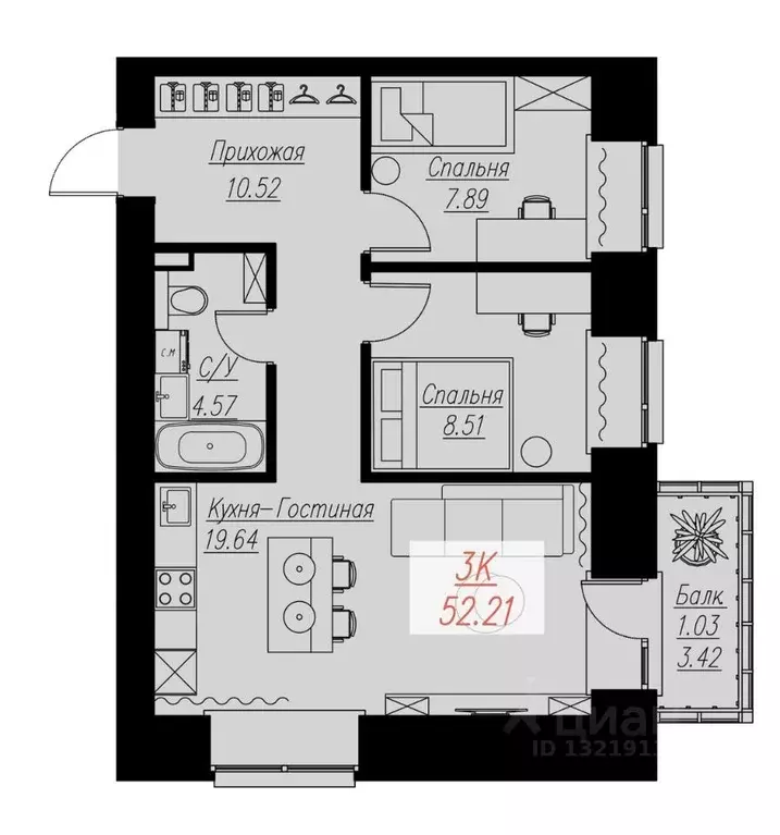 2-к кв. Красноярский край, Красноярск Семафорная ул., 441а (52.21 м) - Фото 0