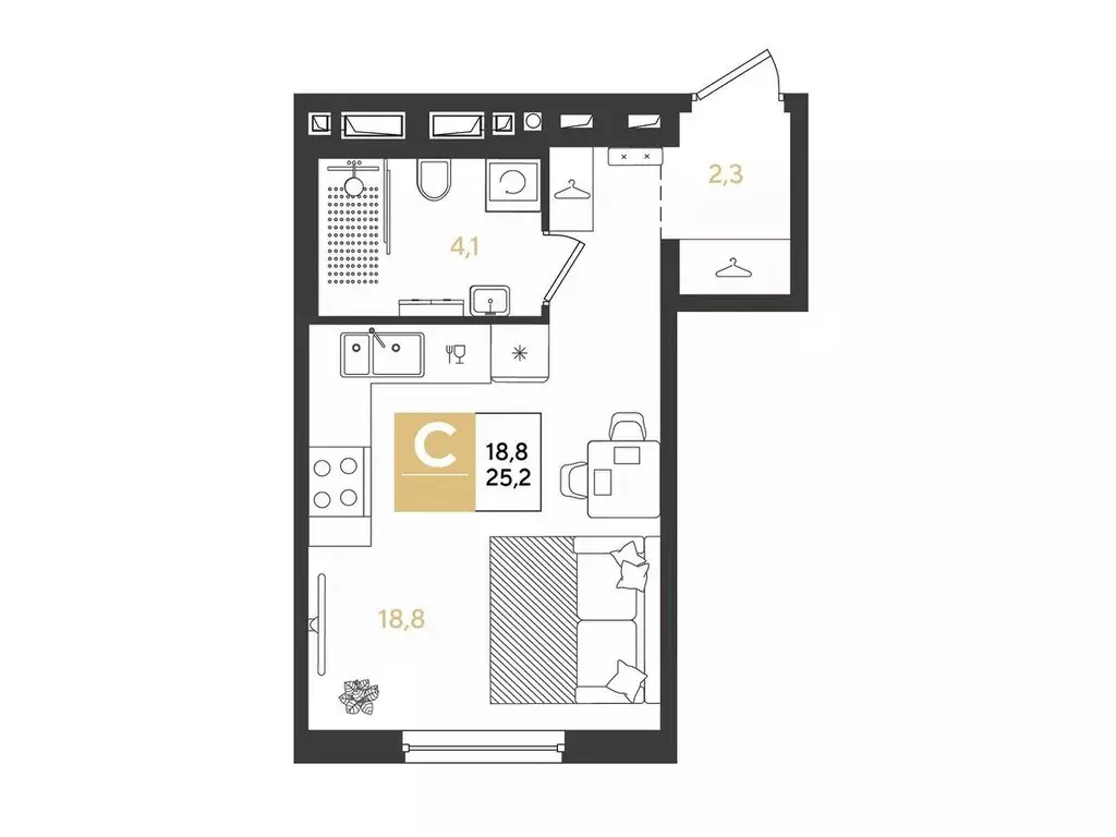 Студия Краснодарский край, Краснодар Самолет кв-л,  (25.2 м) - Фото 1