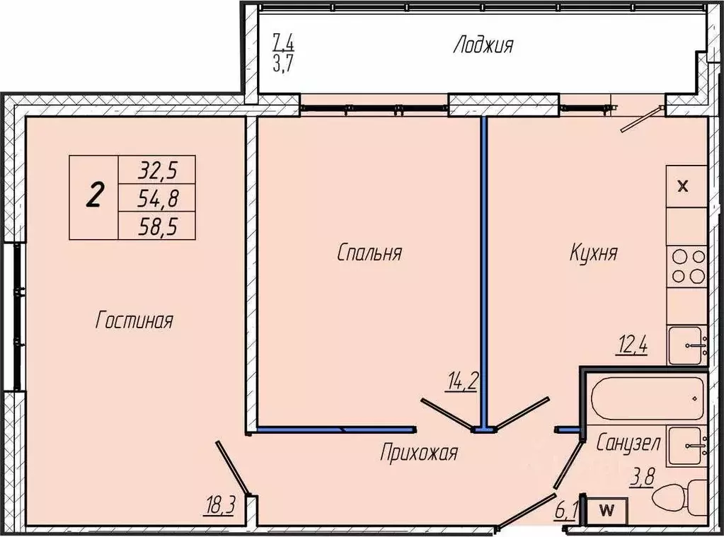 2-к кв. Кемеровская область, Кемерово просп. Притомский, 30Б (58.5 м) - Фото 1