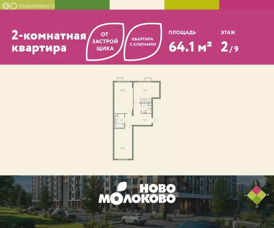2-комнатная квартира: посёлок городского типа Молоково, жилой комплекс ... - Фото 0