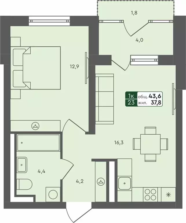 1-комнатная квартира: село Ембаево, Бульварная улица, 11 (43.6 м) - Фото 1