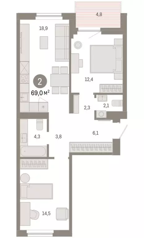 2-комнатная квартира: Новосибирский район, рабочий посёлок Краснообск, ... - Фото 2