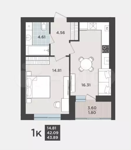 1-к. квартира, 43,9 м, 9/9 эт. - Фото 1