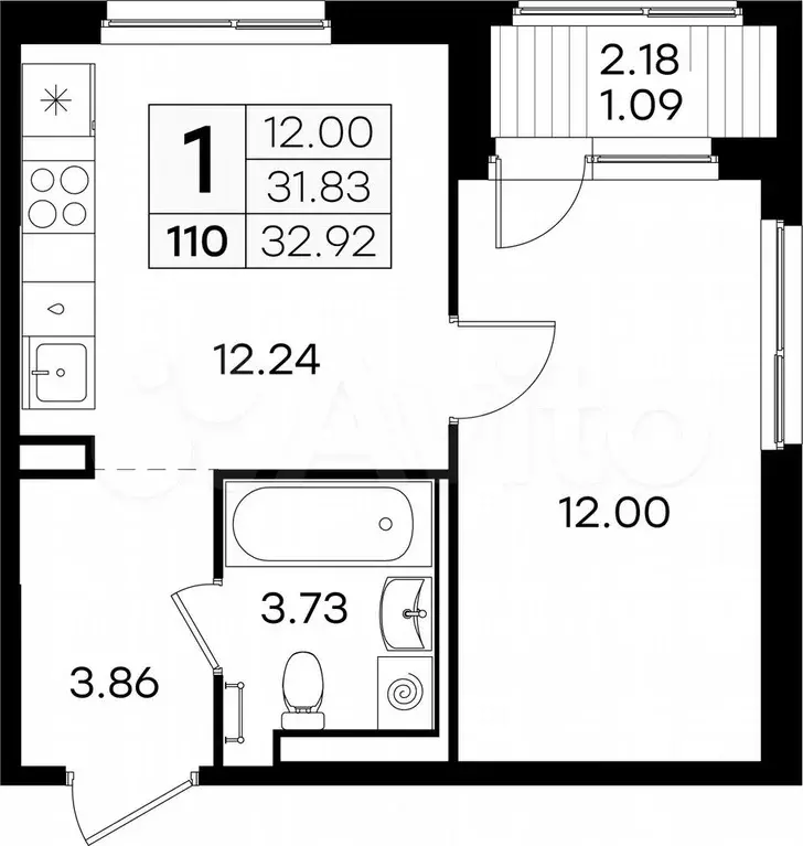 1-к. квартира, 32,9 м, 1/9 эт. - Фото 0