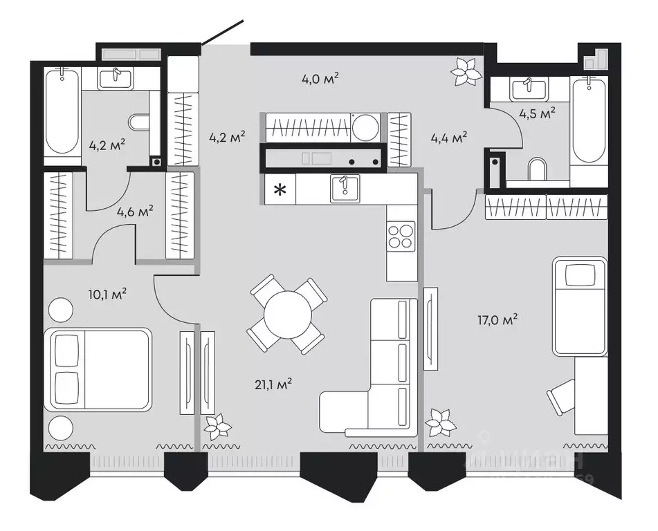 2-к кв. Тюменская область, Тюмень Челюскинцев 5 жилой комплекс (74.1 ... - Фото 1