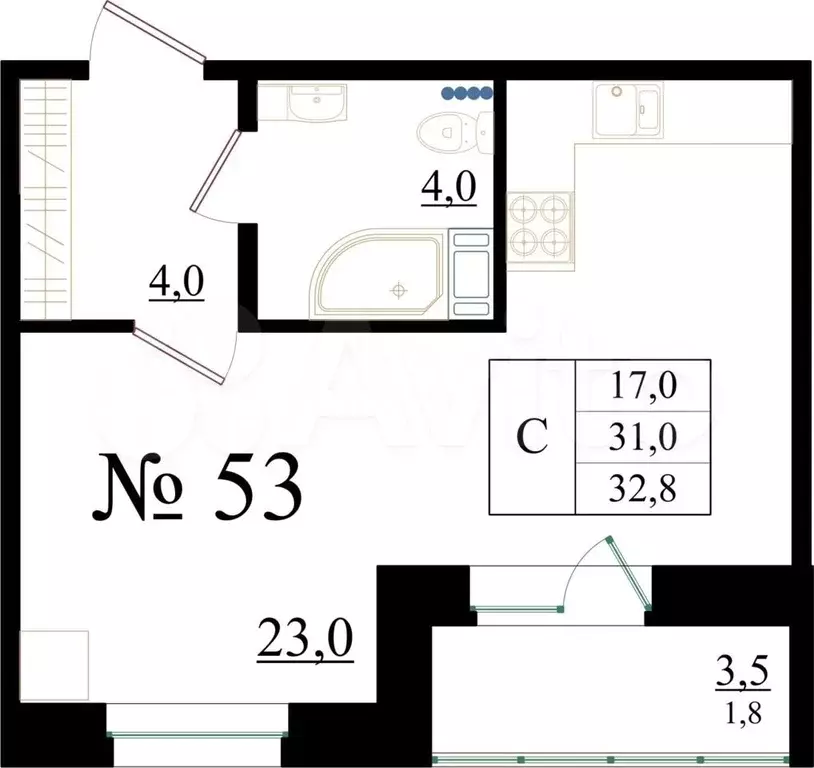 Квартира-студия, 32,8 м, 7/8 эт. - Фото 0