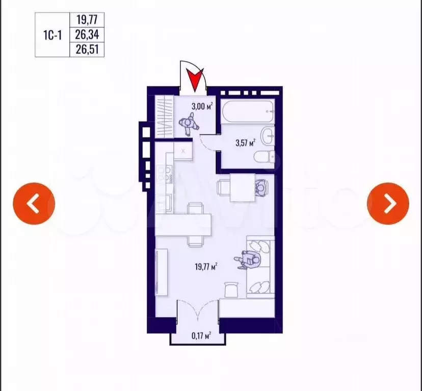 Квартира-студия, 26,3 м, 2/19 эт. - Фото 0