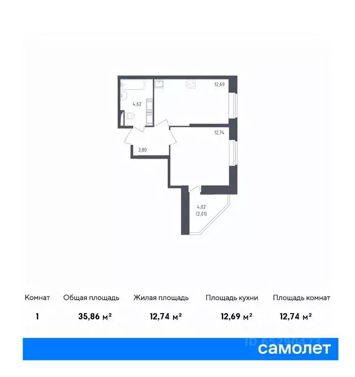 1-к кв. Санкт-Петербург Живи в Рыбацком жилой комплекс, 4 (35.86 м) - Фото 0