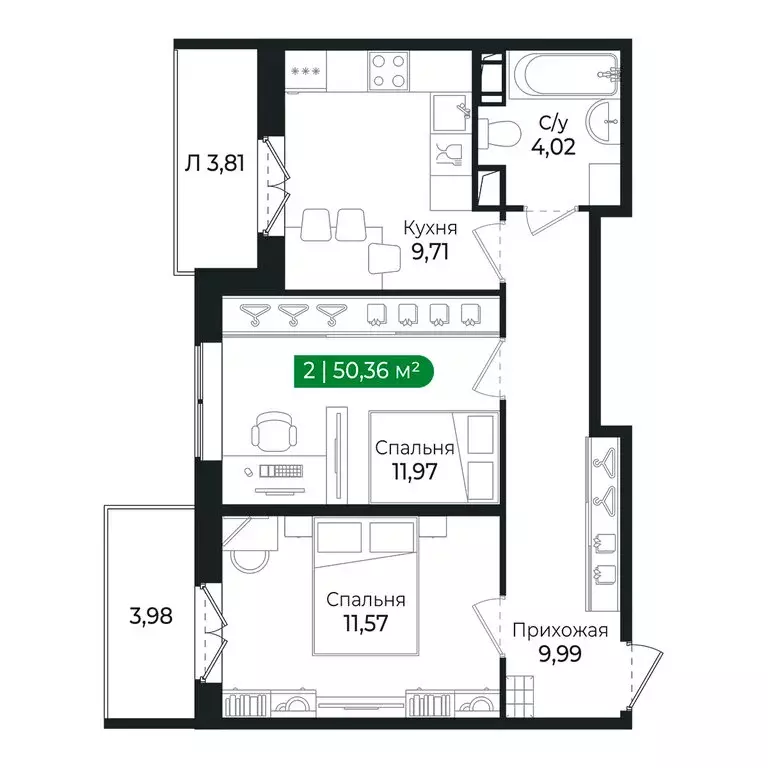 2-комнатная квартира: Сертолово, ЖК Сертолово Парк (46.8 м) - Фото 0