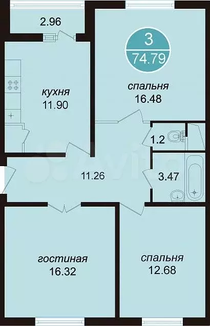3-к. квартира, 74 м, 14/17 эт. - Фото 0