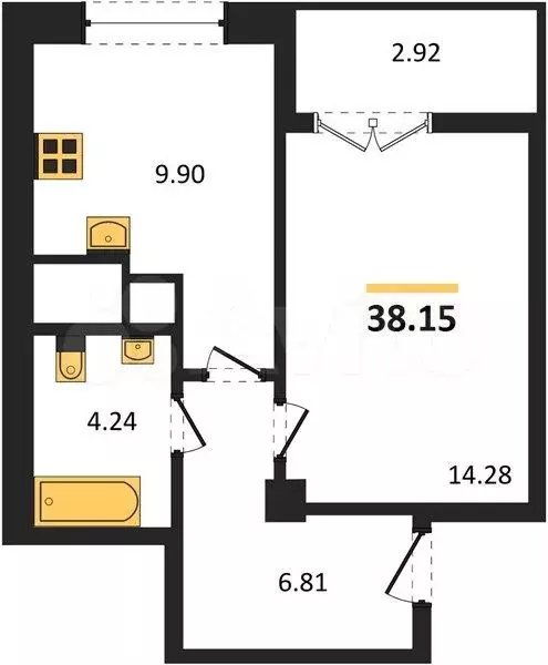 1-к. квартира, 38,2 м, 7/9 эт. - Фото 1