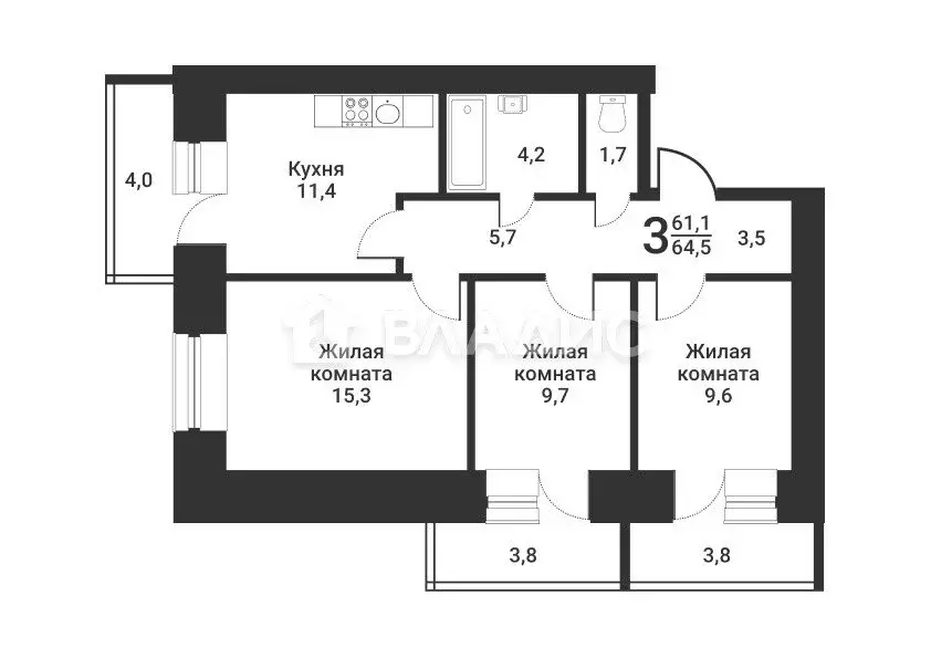 3-комнатная квартира: Благовещенск, Свободная улица, 89 (64.5 м) - Фото 1