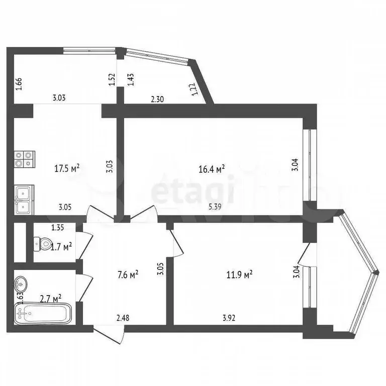 2-к. квартира, 58,9 м, 1/9 эт. - Фото 0