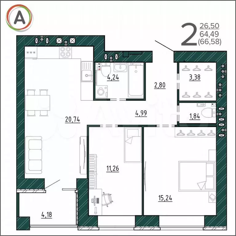 2-к. квартира, 66,6м, 5/9эт. - Фото 1