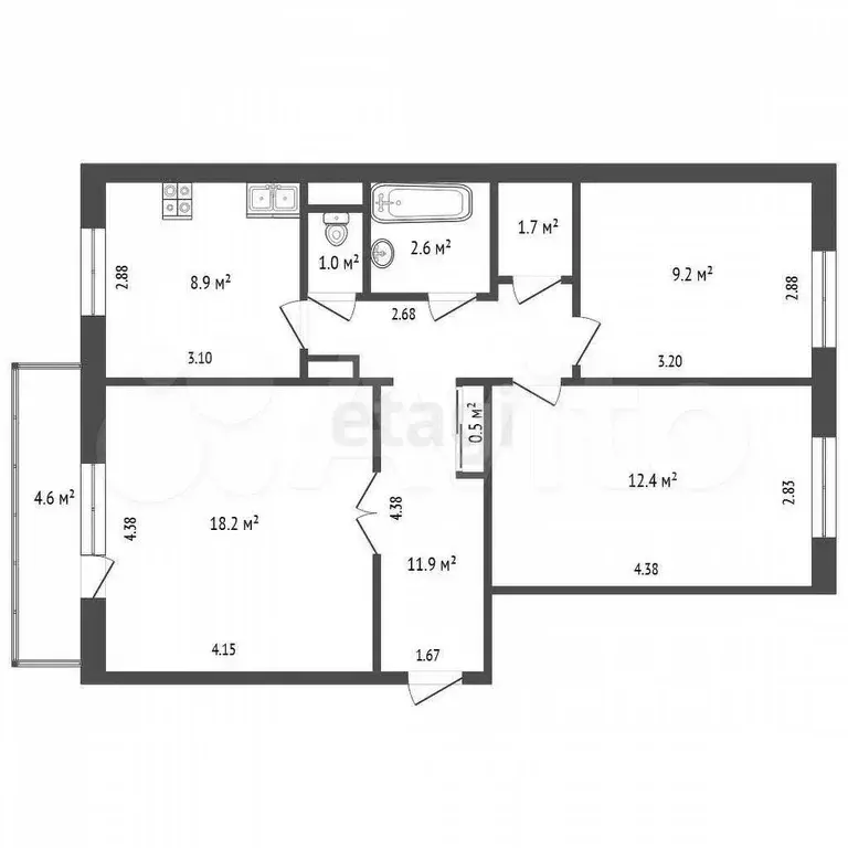 3-к. квартира, 66 м, 3/9 эт. - Фото 0