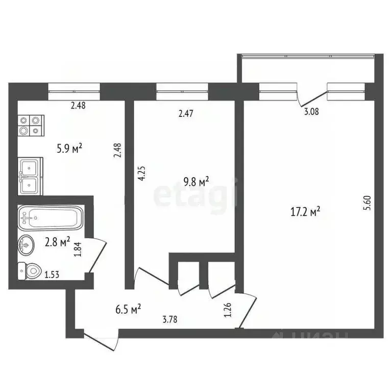 2-к кв. Кемеровская область, Кемерово ул. Терешковой, 23 (43.3 м) - Фото 1