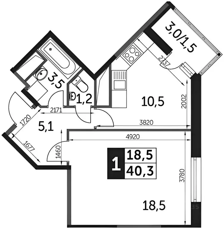 1-к кв. Московская область, Одинцово ул. Сколковская, 9А (42.0 м) - Фото 1