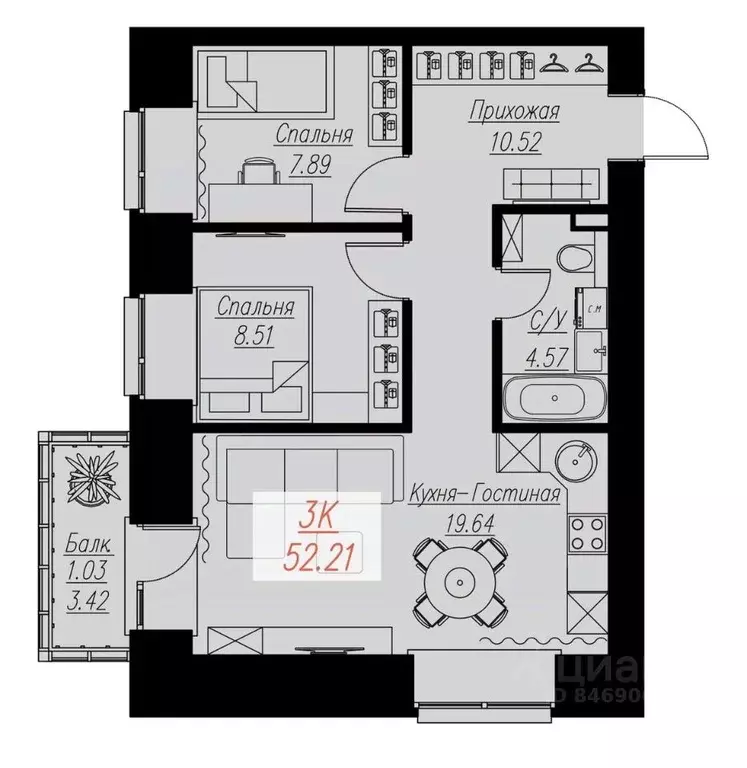 2-к кв. Красноярский край, Красноярск Семафорная ул., 441а (52.21 м) - Фото 0