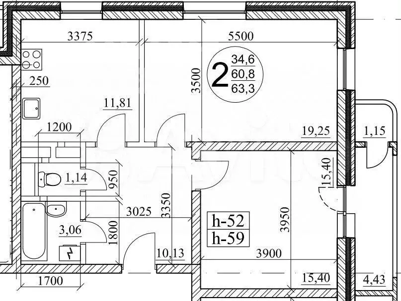 2-к. квартира, 60 м, 3/3 эт. - Фото 0