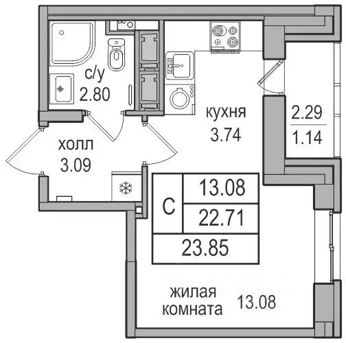 Студия Санкт-Петербург пос. Парголово, Заречная ул., 52к2 (23.9 м) - Фото 0