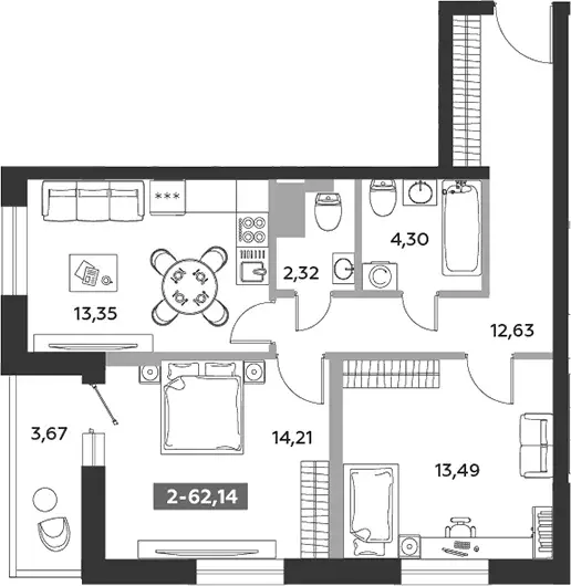 Продаётся 2-к квартира, 62.14 м - Фото 0