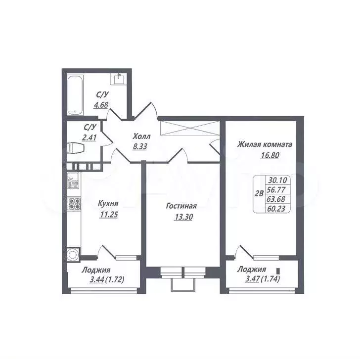 2-к. квартира, 60,2 м, 8/8 эт. - Фото 1