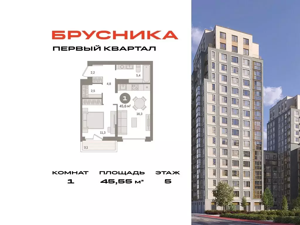 1-комнатная квартира: деревня Сапроново, микрорайон Купелинка (45.55 ... - Фото 0