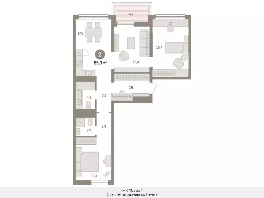 2-комнатная квартира: Тюмень, Мысовская улица, 26к1 (85.32 м) - Фото 0