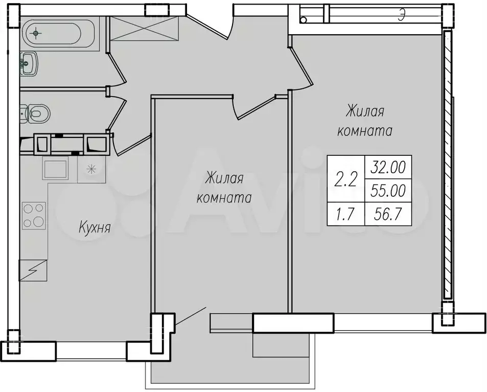 2-к. квартира, 56,7 м, 7/10 эт. - Фото 1