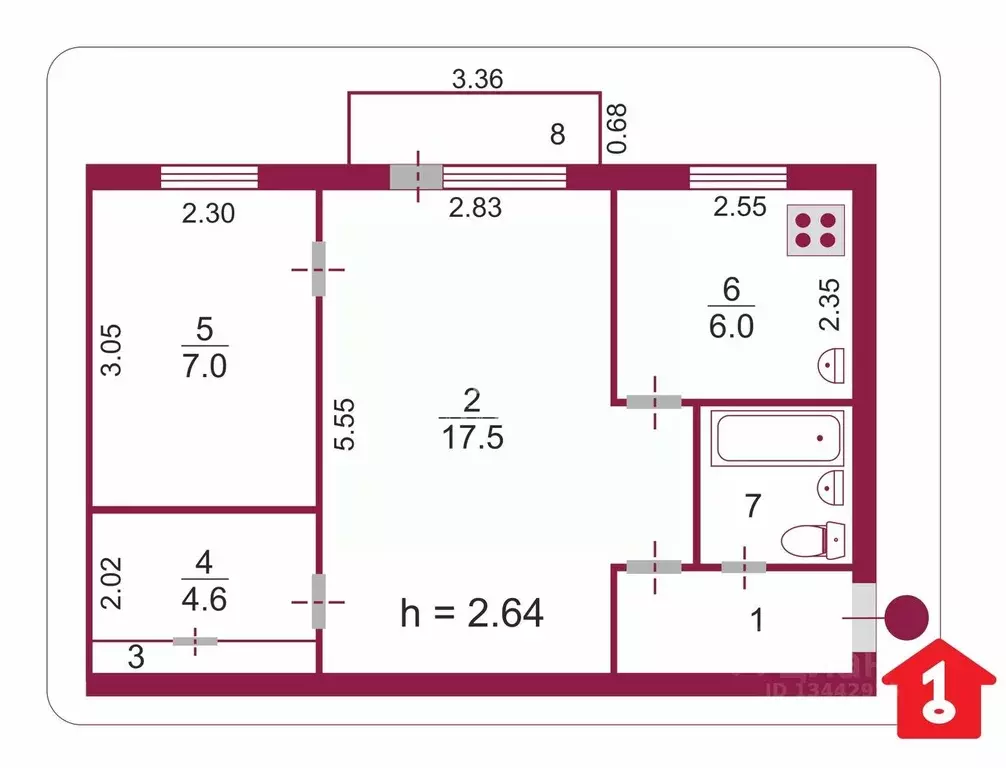 2-к кв. Омская область, Омск Учебная ул., 185 (42.3 м) - Фото 1