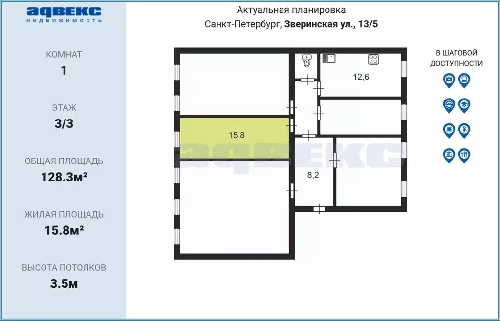 Комната Санкт-Петербург Зверинская ул., 13/5 (15.8 м) - Фото 2