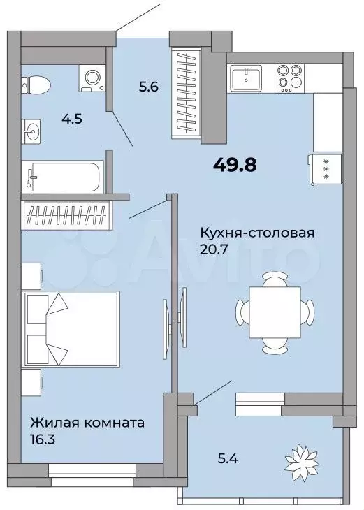 1-к. квартира, 49,8 м, 14/21 эт. - Фото 0