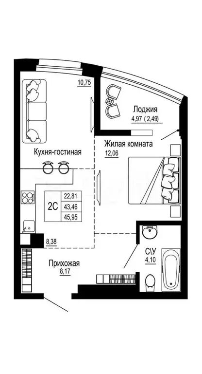 2-к. квартира, 48 м, 19/26 эт. - Фото 0