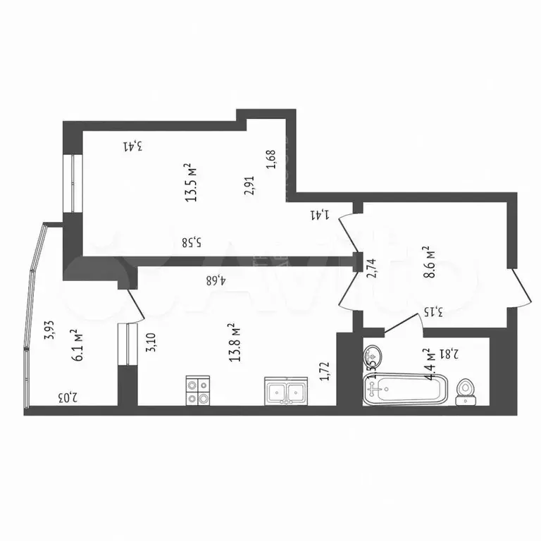 1-к. квартира, 49,8 м, 13/16 эт. - Фото 0