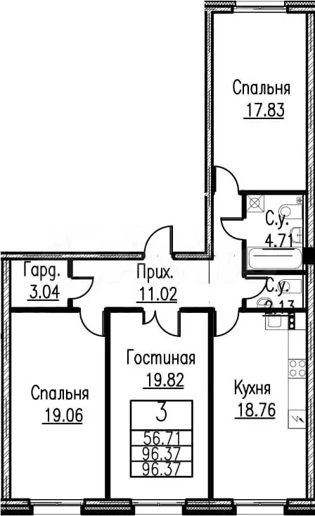 3-к. квартира, 96,2 м, 3/9 эт. - Фото 1