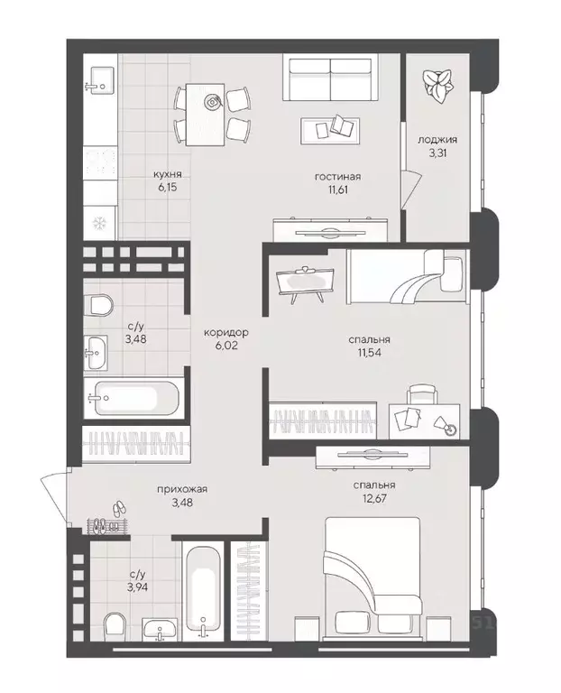 2-к кв. Новосибирская область, Новосибирск Кедровая ул., 79 (62.65 м) - Фото 0