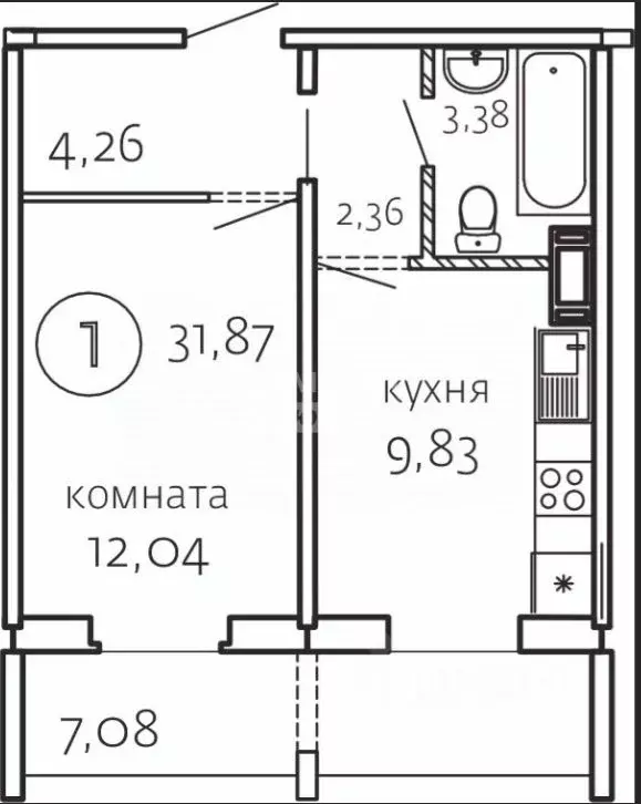 1-к кв. Челябинская область, Челябинск ул. Маршала Чуйкова, 28 (32.0 ... - Фото 1