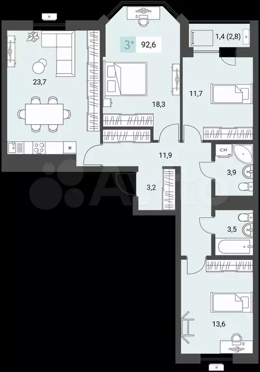 3-к. квартира, 93 м, 7/9 эт. - Фото 0